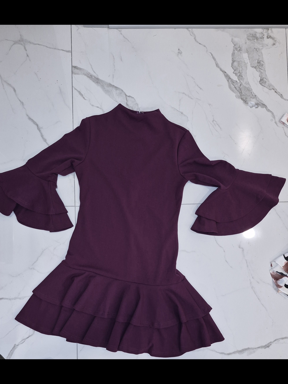 She + Sky Plum Ruffle Hem Dress with Tiered Bell Sleeves